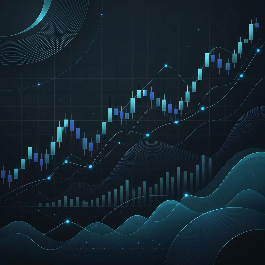 Composición abstracta de gráficos financieros con velas japonesas y líneas de tendencia